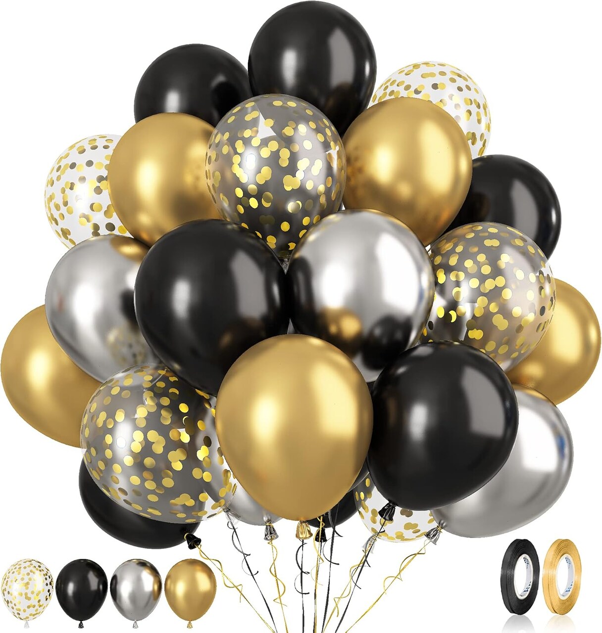 Black and Gold Balloons Latex Balloons, 60 Pcs 12 Inch Silver Gold Confetti Balloons with Ribbons for Birthday Graduation Black Gold Party Wedding Engagement Anniversary Festival Decoration